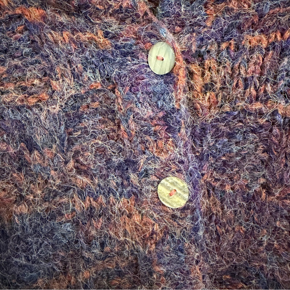 Vintage Chand Elle Fuzzy Hooded Cardigan Purple Rust Marled Wool Blend M - Picture 9 of 10